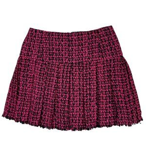 Alice + Olivia Emilie Pleated Tweed Mini Skirt 6 Black Wild Pink Frayed Fall